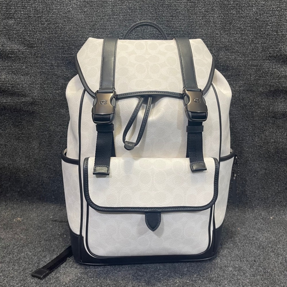 Coach CU201 Chalk/White & Black Leather Signature‎ Canvas League Flap Backpack
